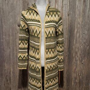 Faded Glory S 4 6 Cardigan Sweater Duster Hoodie Green Beige Tribal Boho Earthy